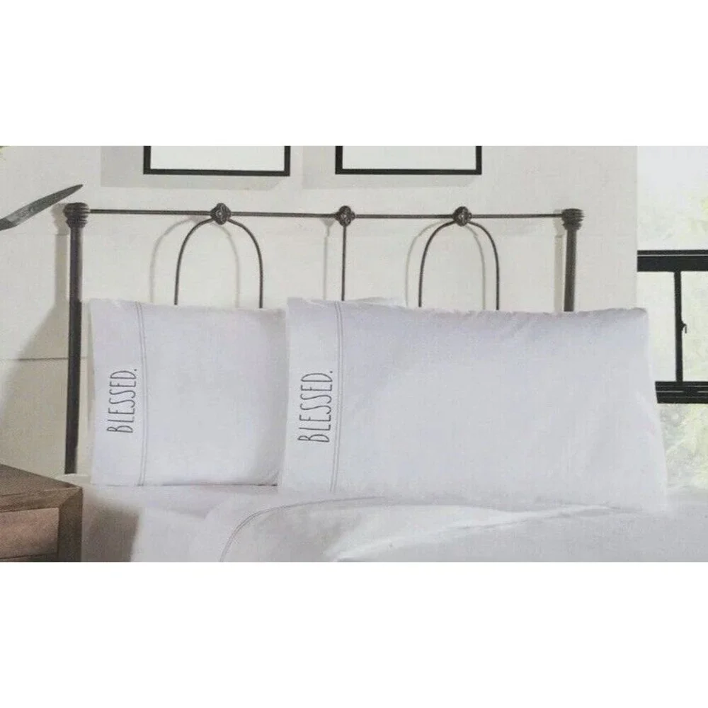 Rae Dunn Blessed Pillowcases Set of 2 Embroidered Standard White Cotton Percale